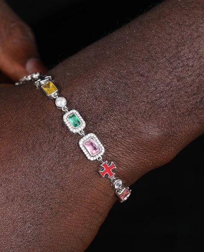 Bracelet Moissanite Cross & Gemstones Bracelet - White Gold