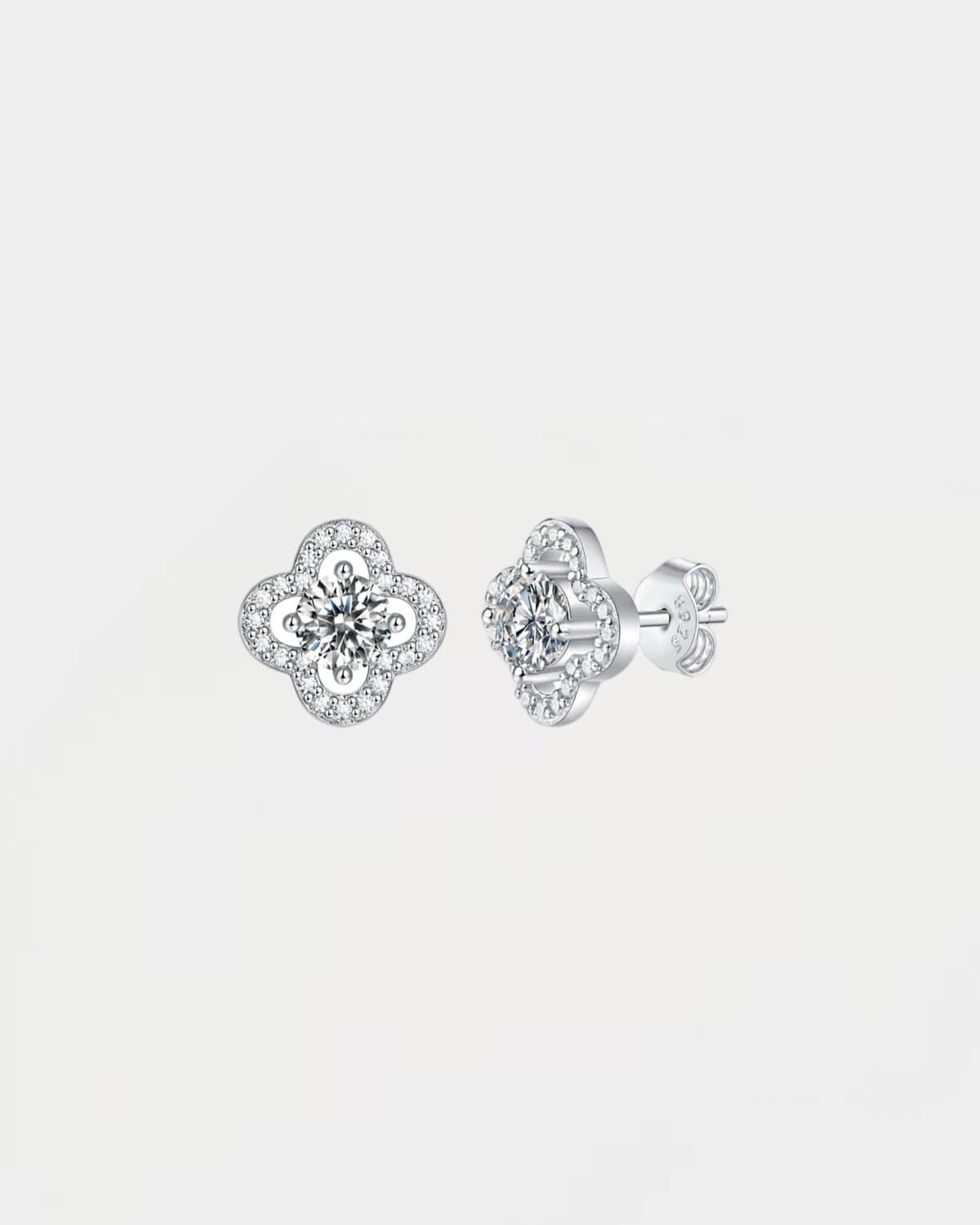 Earrings Clover Diamond Studs 925 Silver - White Gold