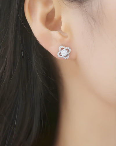 Earrings Clover Diamond Studs 925 Silver - White Gold
