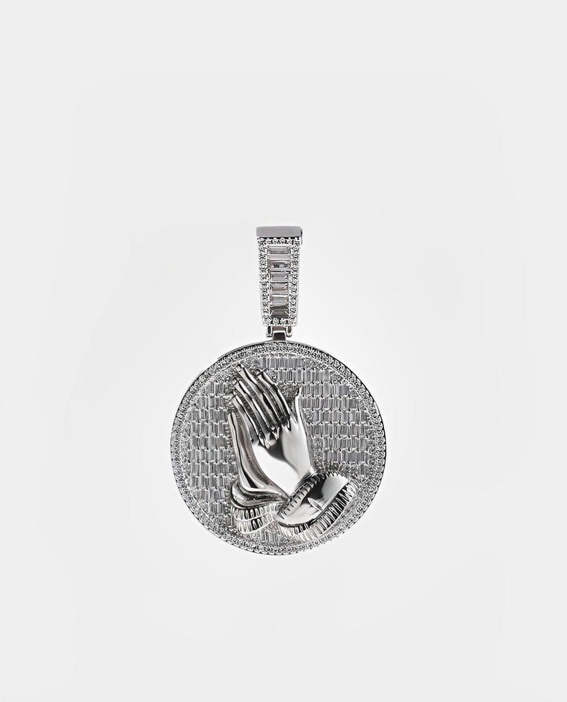 Pendant Round Praying Hands - White Gold