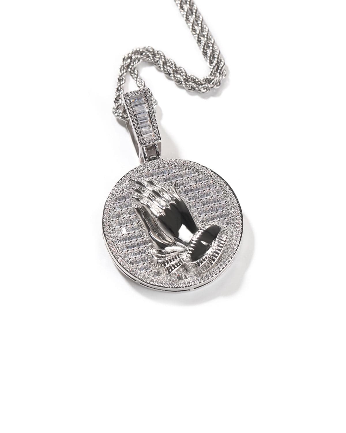 Pendant Round Praying Hands - White Gold