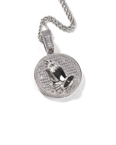 Pendant Round Praying Hands - White Gold