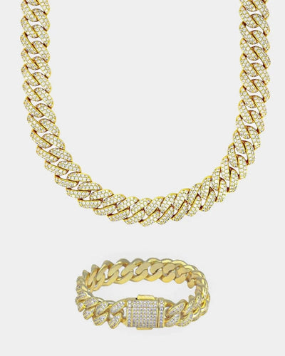 Set 12MM Cuban Link Chain + Bracelet Set - Gold