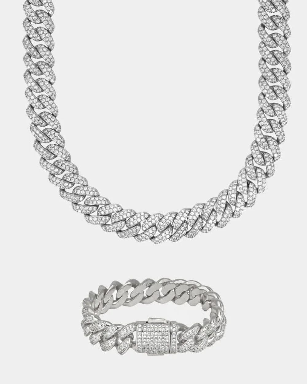 Set 12MM Cuban Link Chain + Bracelet Set - White Gold