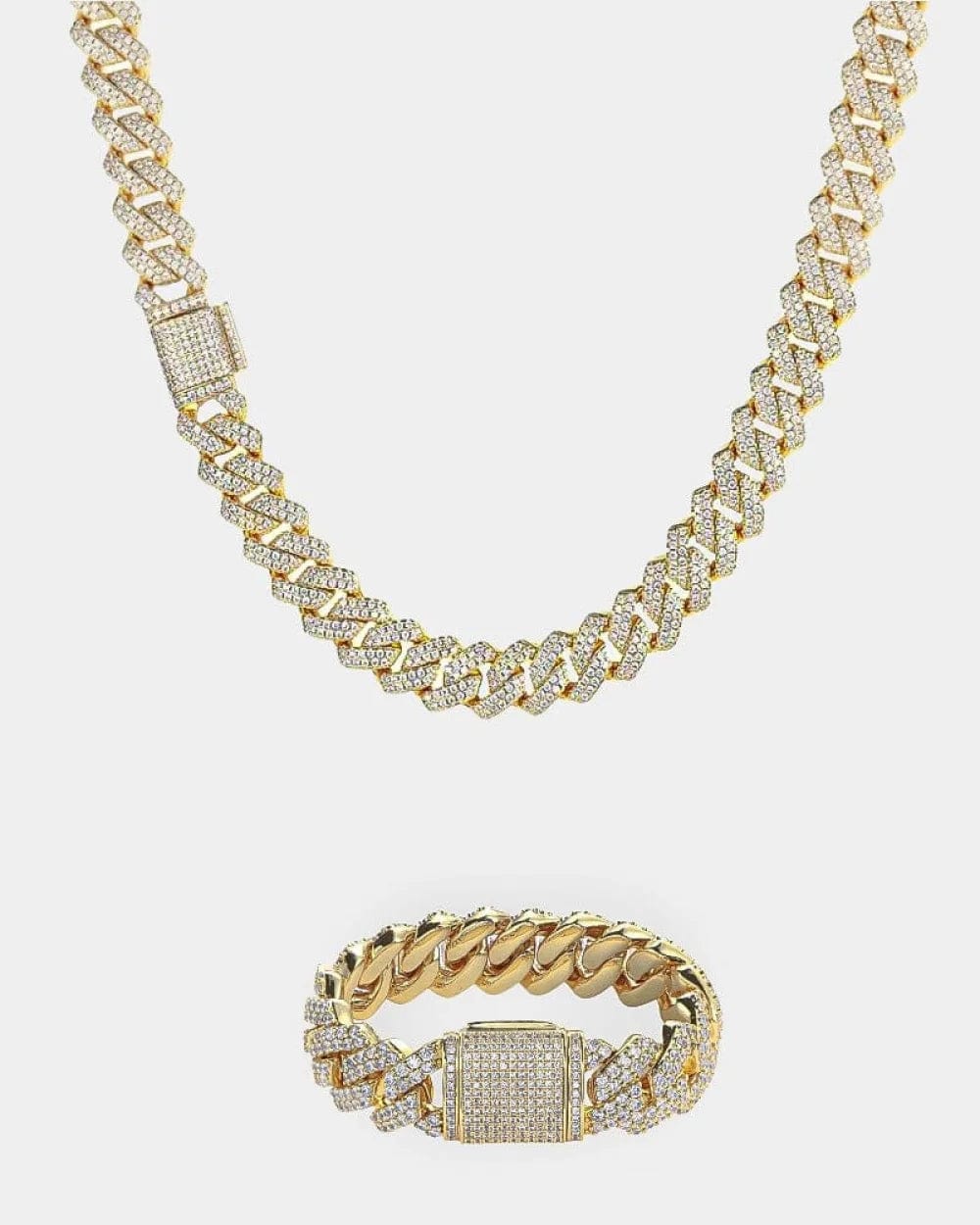 Set 12MM Straight Edge Cuban Link Chain + Bracelet Set - Gold