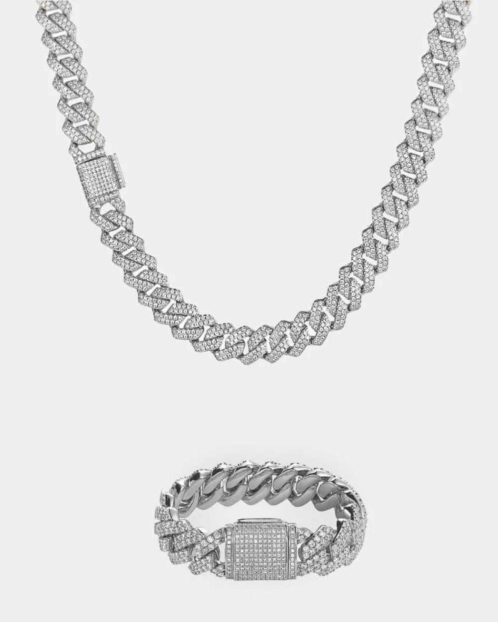 Set 12MM Straight Edge Cuban Link Chain + Bracelet Set - White Gold