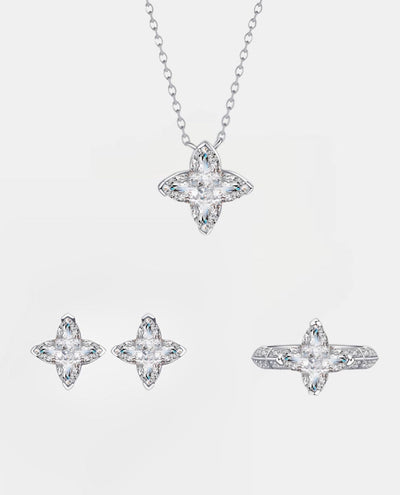 Set LV Cut Necklace + Ring + Earrings Set - White Gold