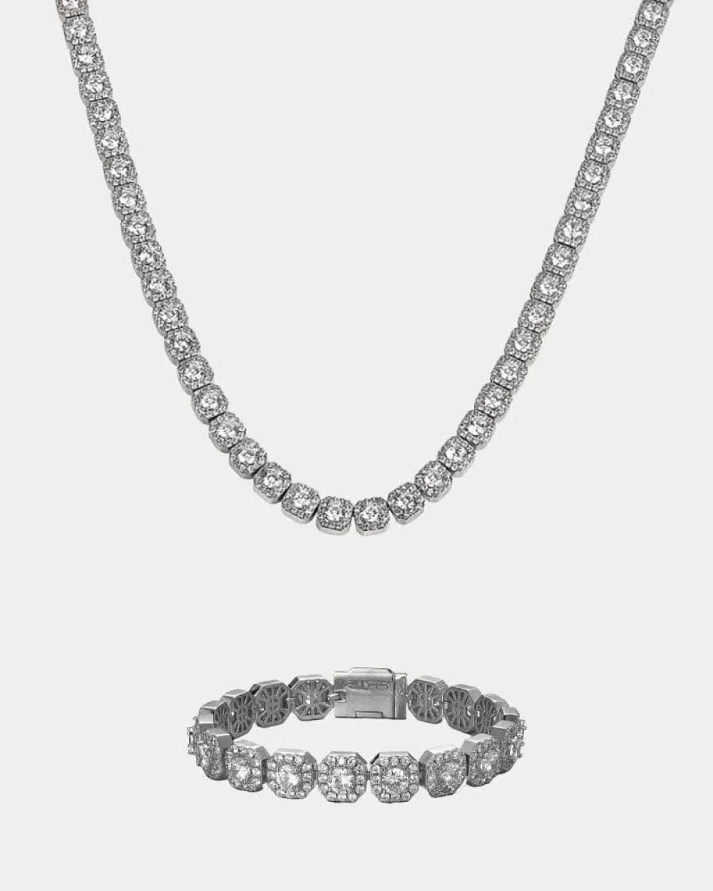 Set 10MM Square Tennis Chain + Bracelet Set - White Gold