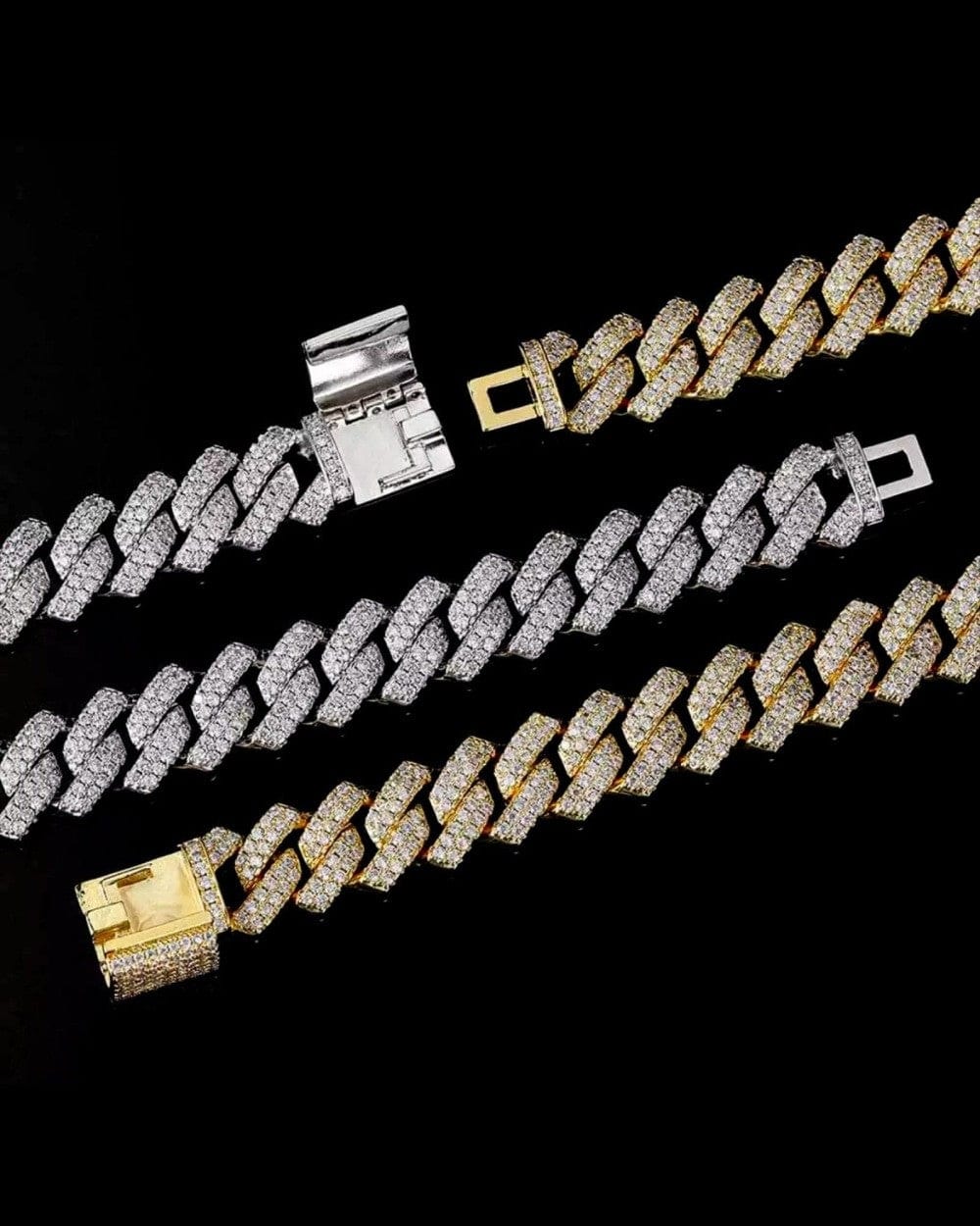 Set 12MM Straight Edge Cuban Link Chain + Bracelet Set - White Gold